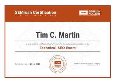 SEMrush_Technical SEO Exam_Certificate for Tim C. Martin